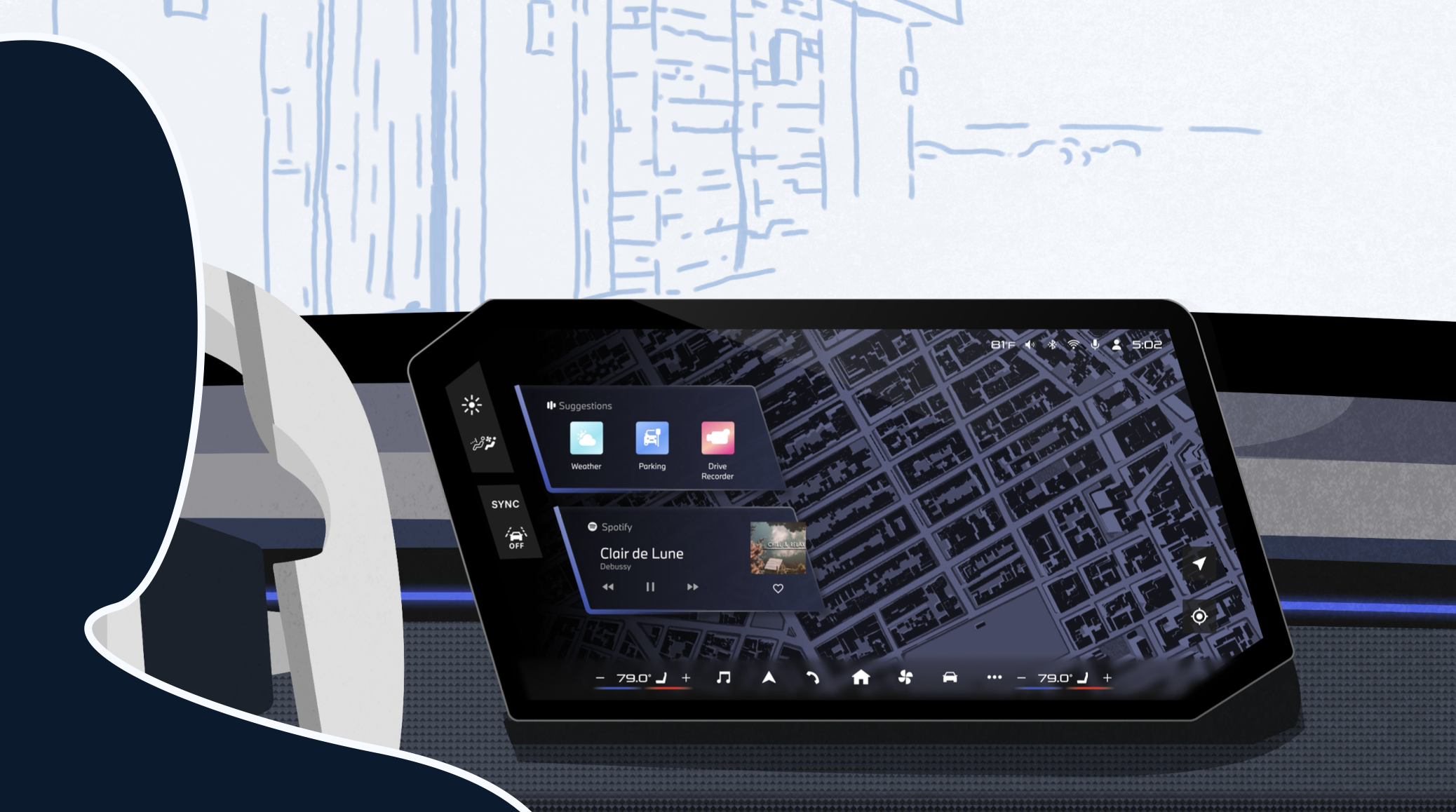 In-car dashboard concept — navigation, weather, and music on a single editorial display