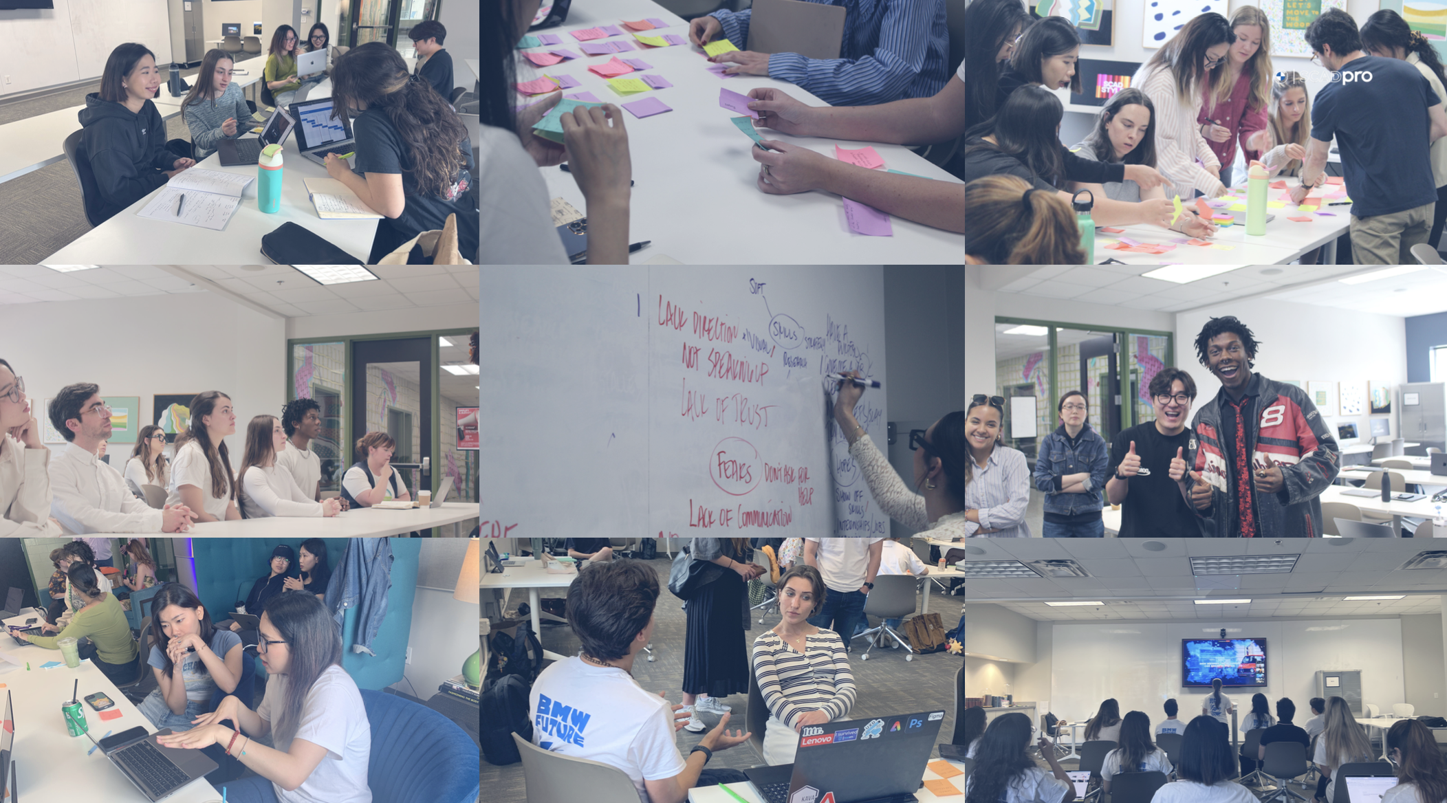 SCADpro cohort working sessions — research, brainstorming, sticky-note synthesis, and final presentation