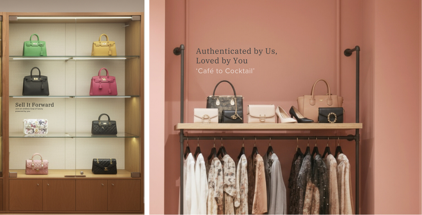 Handbag display wall and "Authenticated by Us, Loved by You" merchandising