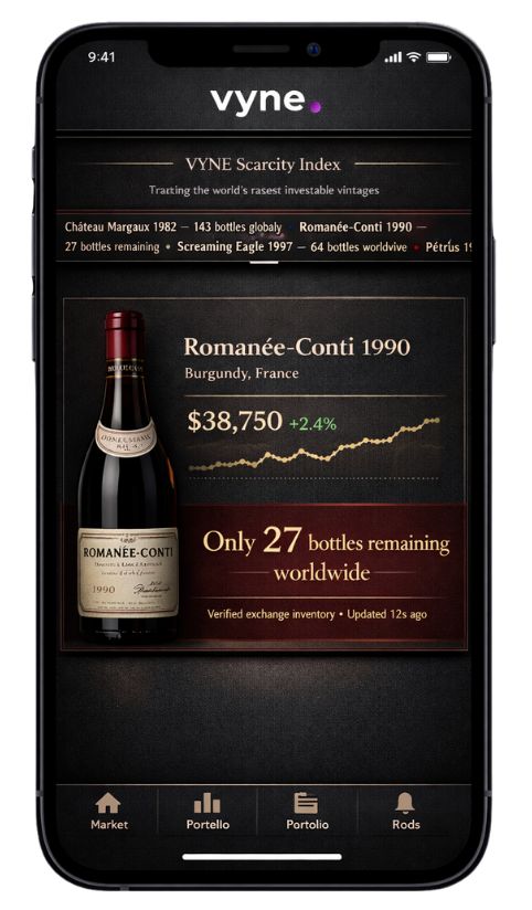 Vyne app — Scarcity Index detail showing Romanée-Conti 1990 at $38,750 with only 27 bottles remaining worldwide