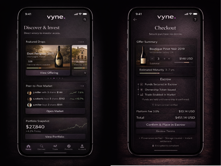 Vyne app flow — Discover & Invest home screen alongside the bottle Checkout view