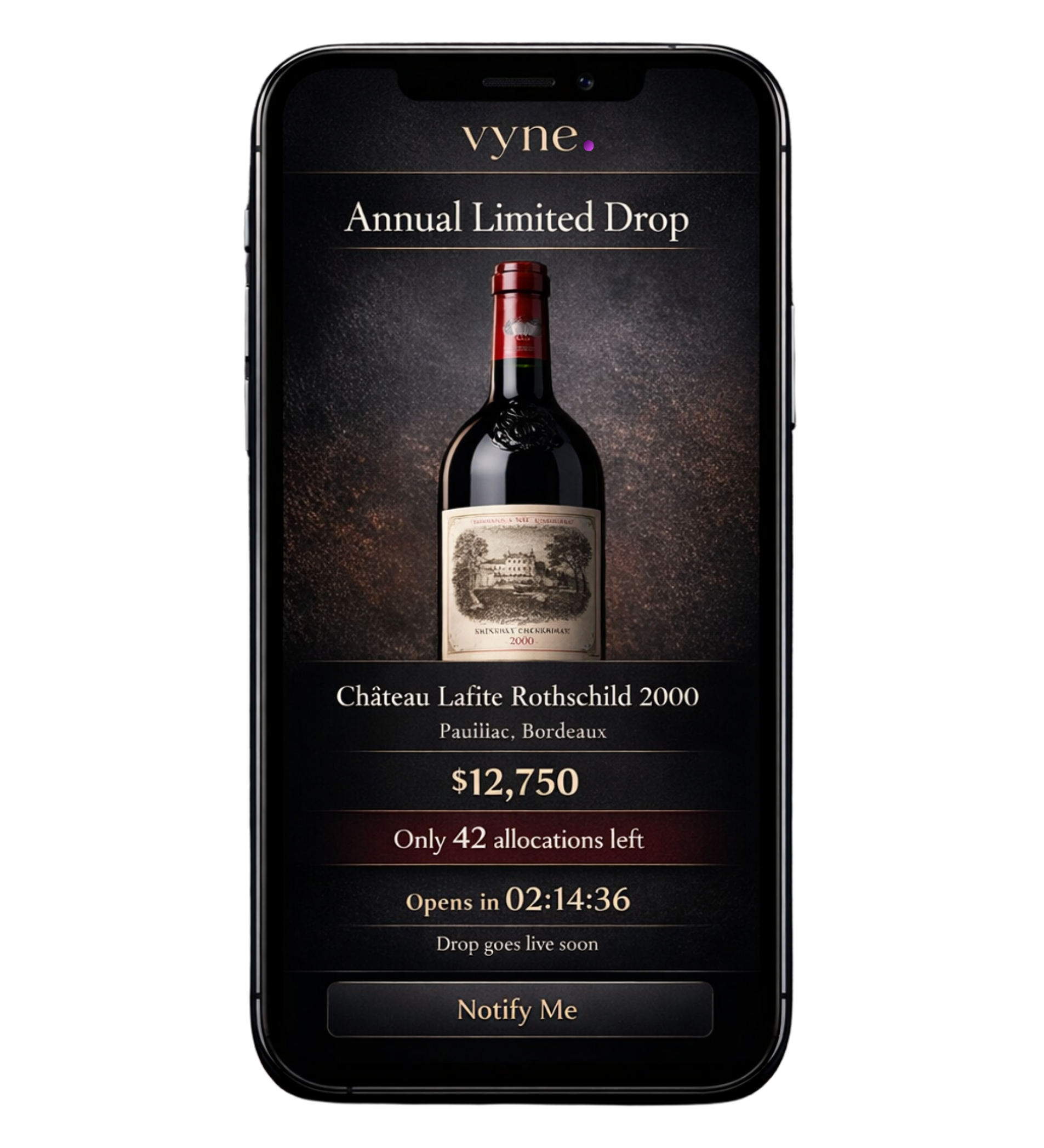Annual Limited Drop — Château Lafite Rothschild 2000 at $12,750, 42 allocations left, opens in 02:14:36